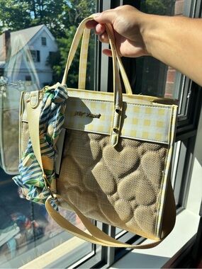 Betsey Johnson Burlap Yellow Structured Tote Bag with Lemon Twilly/Headband